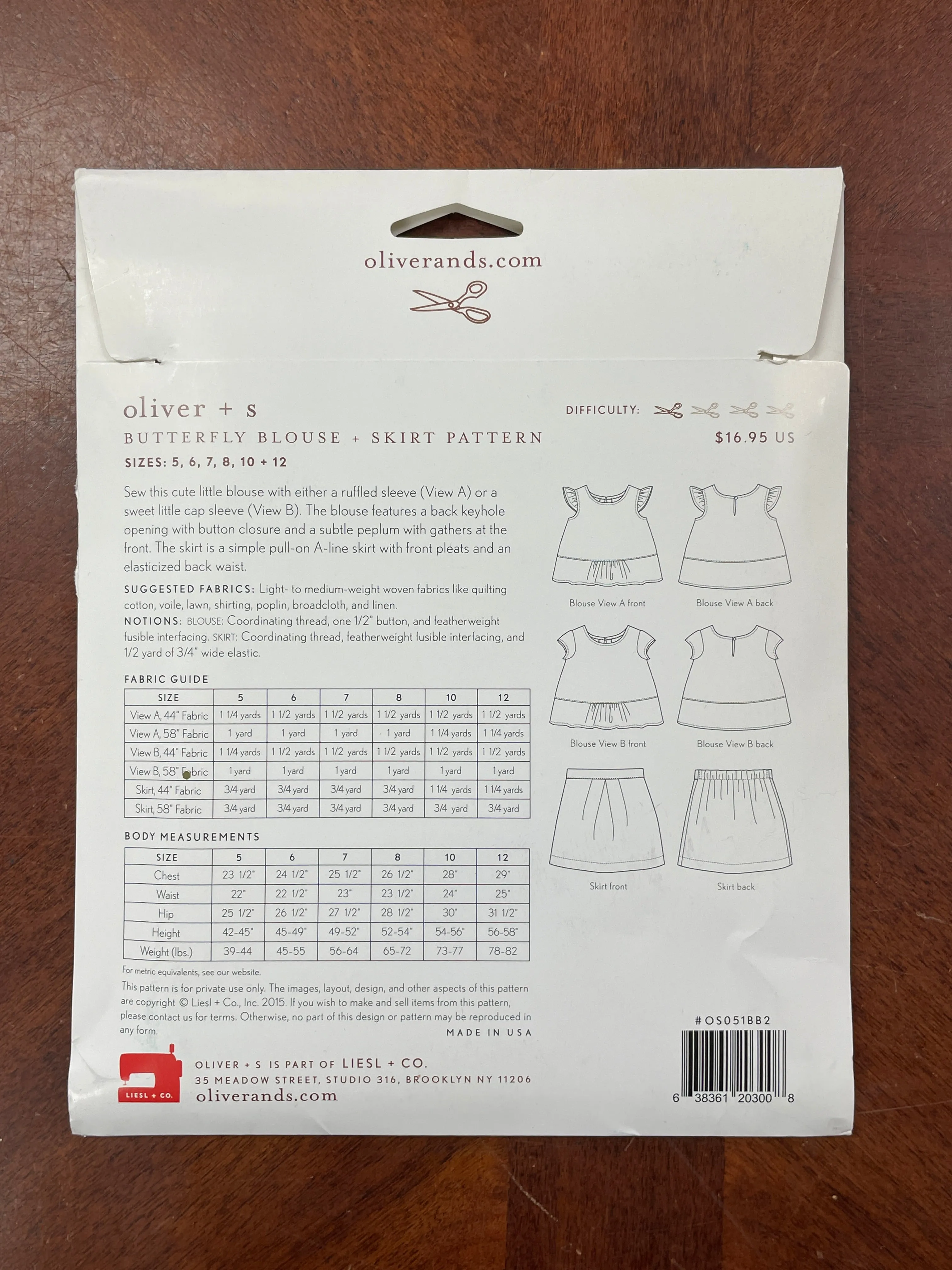 2015 Oliver   S Pattern - Child's Butterfly Blouse and Skirt FACTORY FOLDED