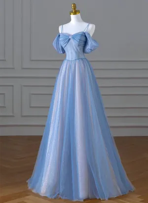 A-line Light Blue and Pink Long Evening Dress, Blue Party Dress Prom Dress