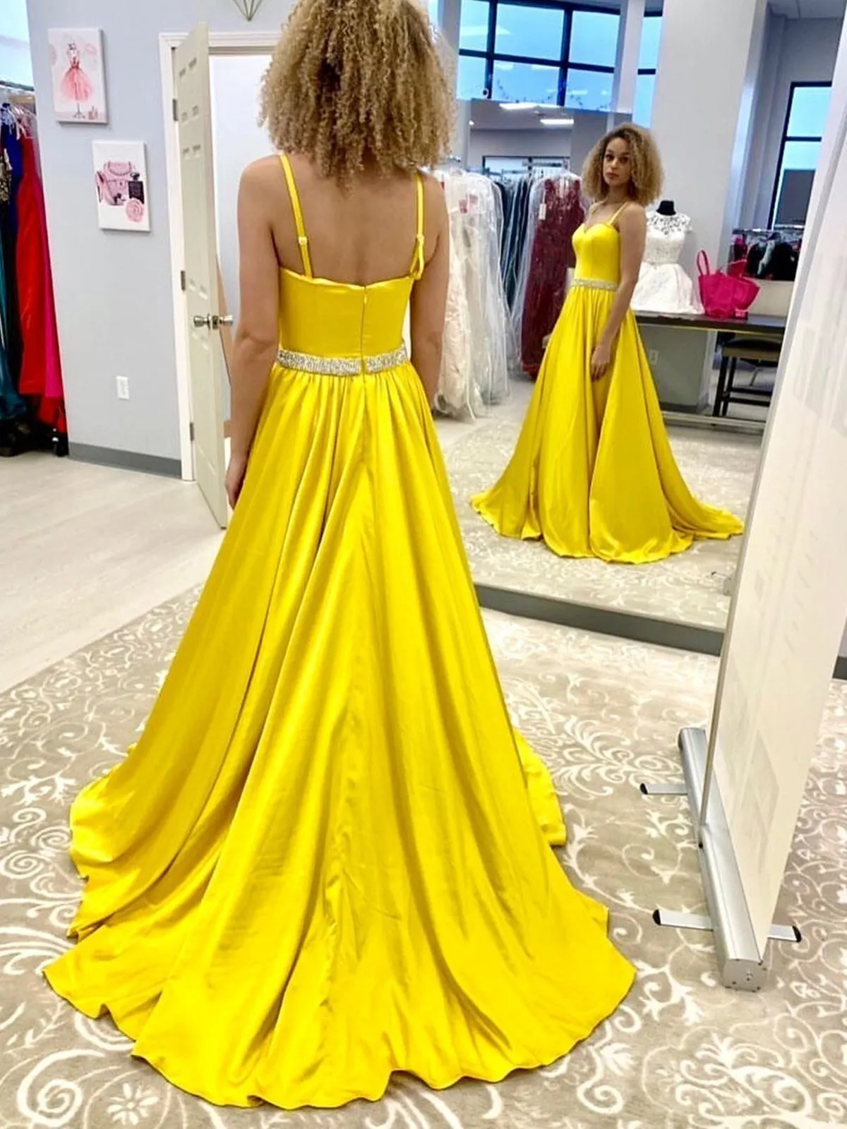 A Line Open Back Yellow Long Prom with Belt, High Slit Yellow Formal, Yellow Evening