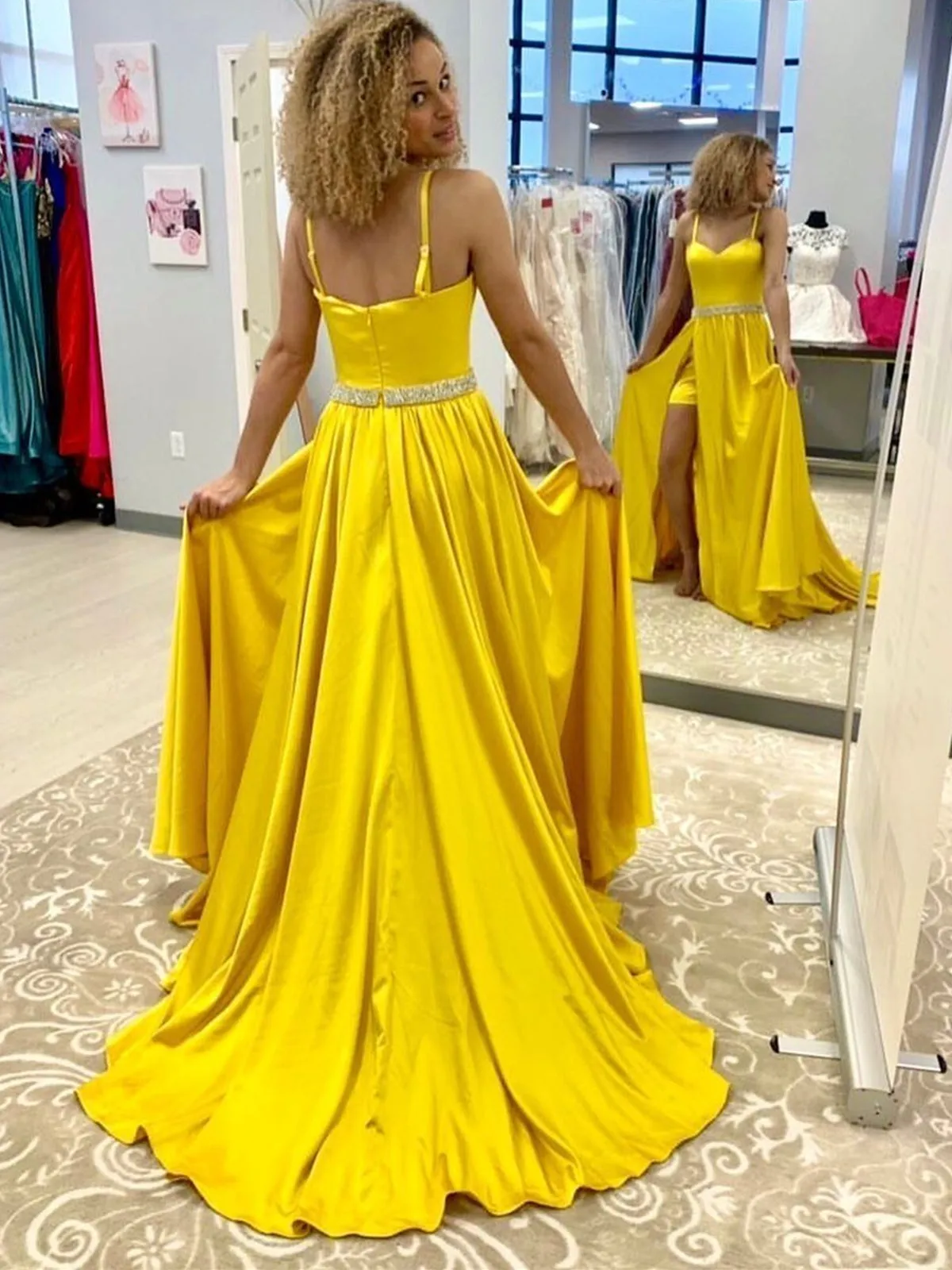 A Line Open Back Yellow Long Prom with Belt, High Slit Yellow Formal, Yellow Evening