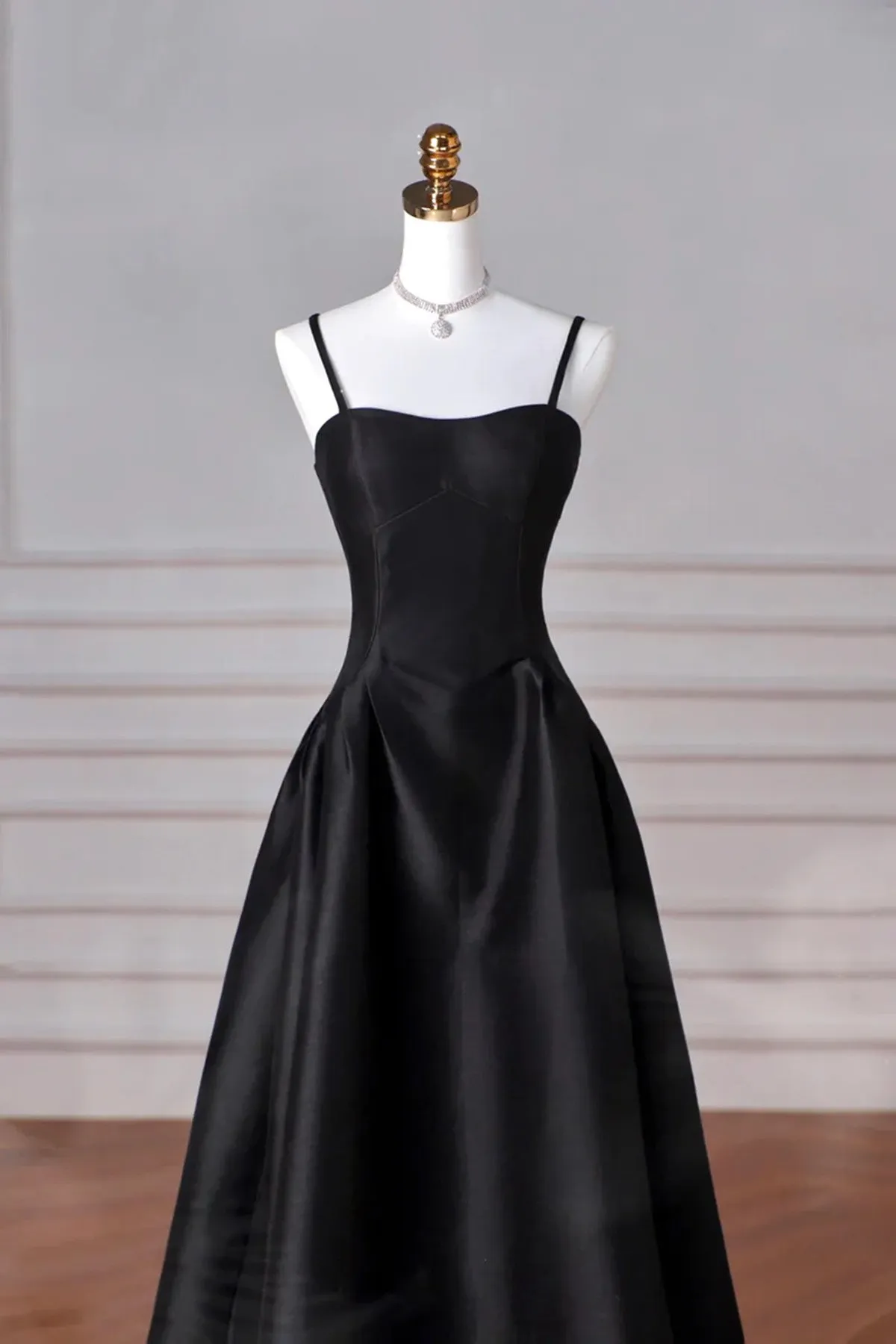 A-line Satin Black Long Party Dress, Black Sweetheart Straps Prom Dress