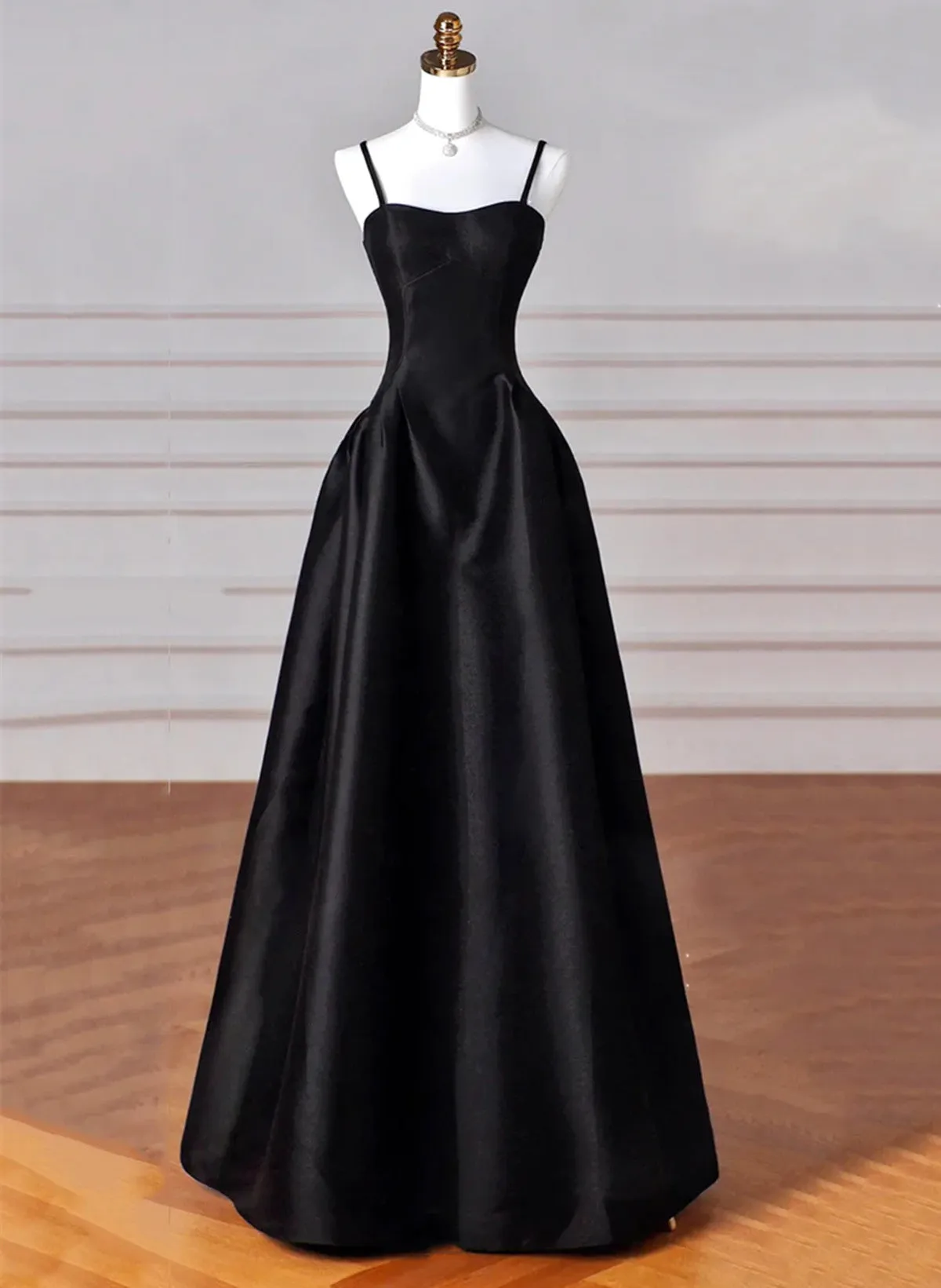 A-line Satin Black Long Party Dress, Black Sweetheart Straps Prom Dress