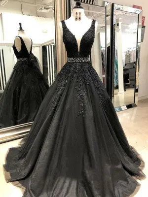 A Line V Neck Black Lace Long Prom, Lace Black Formal, Black Evening