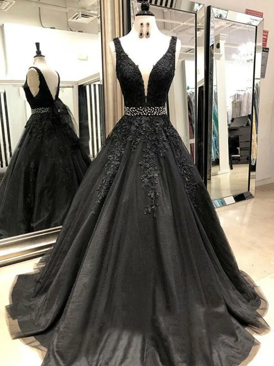 A Line V Neck Black Lace Long Prom, Lace Black Formal, Black Evening