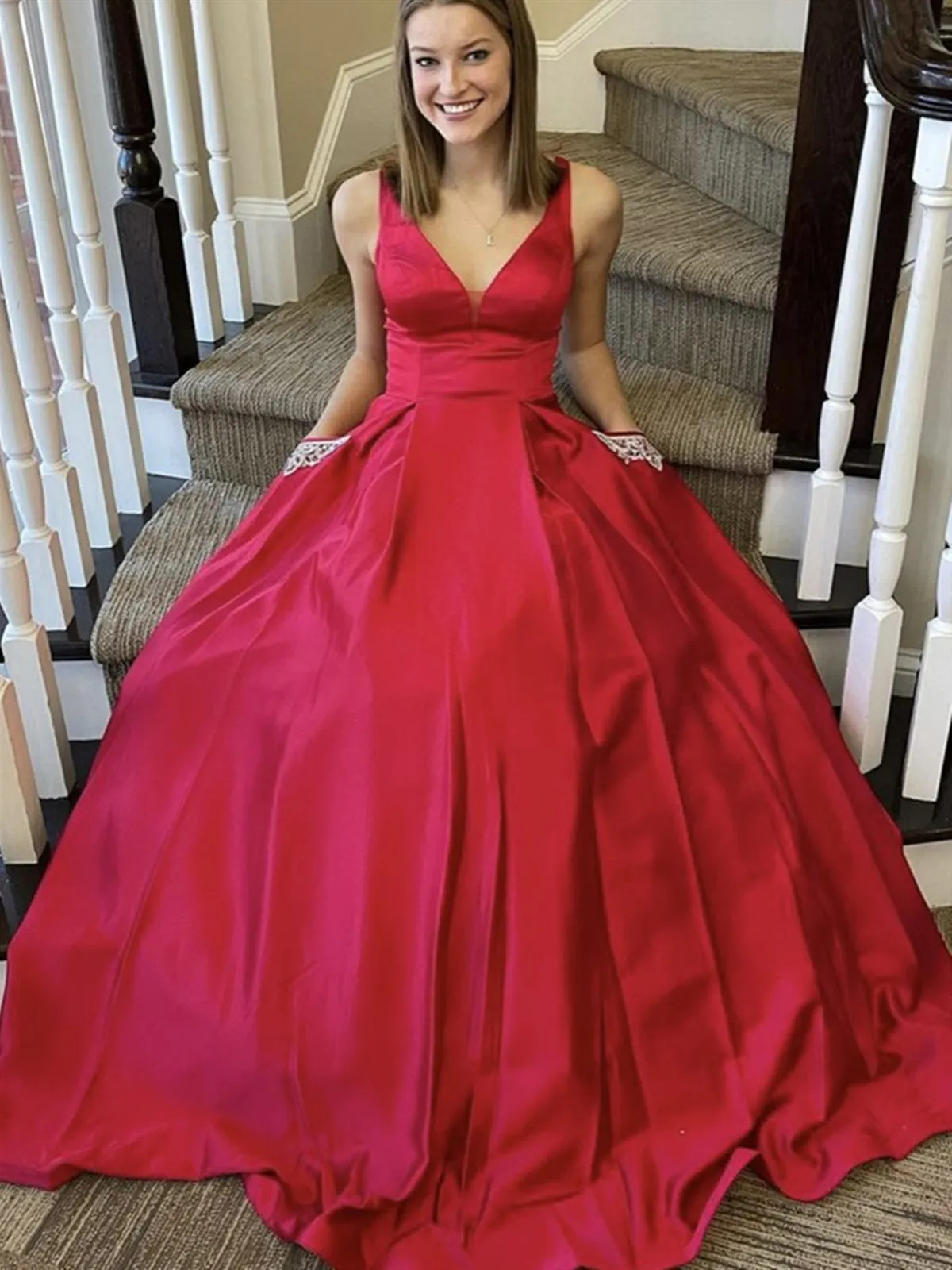 A Line V Neck Red Satin Long Prom with Pocket, V Neck Red Formal, Red Evening