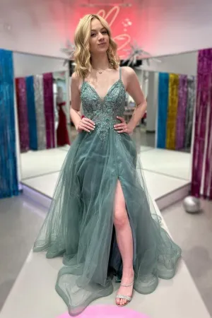 A Line V Neck Sage Lace Long Prom Dress with High Slit, Sage Lace Formal Dress, Sage Evening Dress A2131