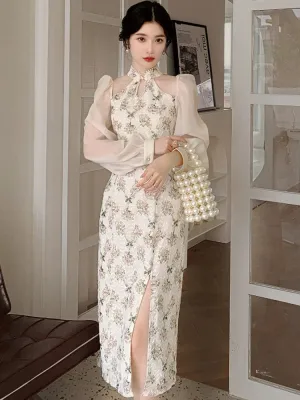 Aiertu Vintage Elegant Cheongsam Dress Women Floral Embroidery Design Party Fairy Dress Female  Spring Court Retro Long Split Dress