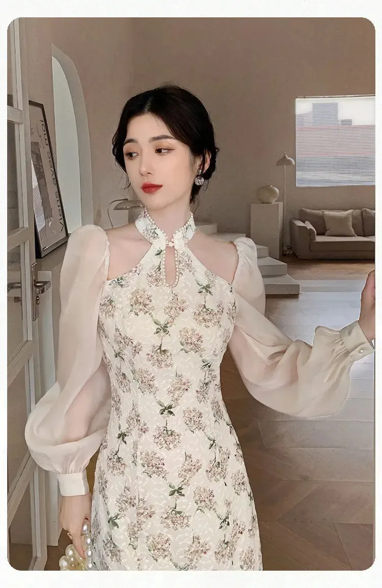 Aiertu Vintage Elegant Cheongsam Dress Women Floral Embroidery Design Party Fairy Dress Female  Spring Court Retro Long Split Dress