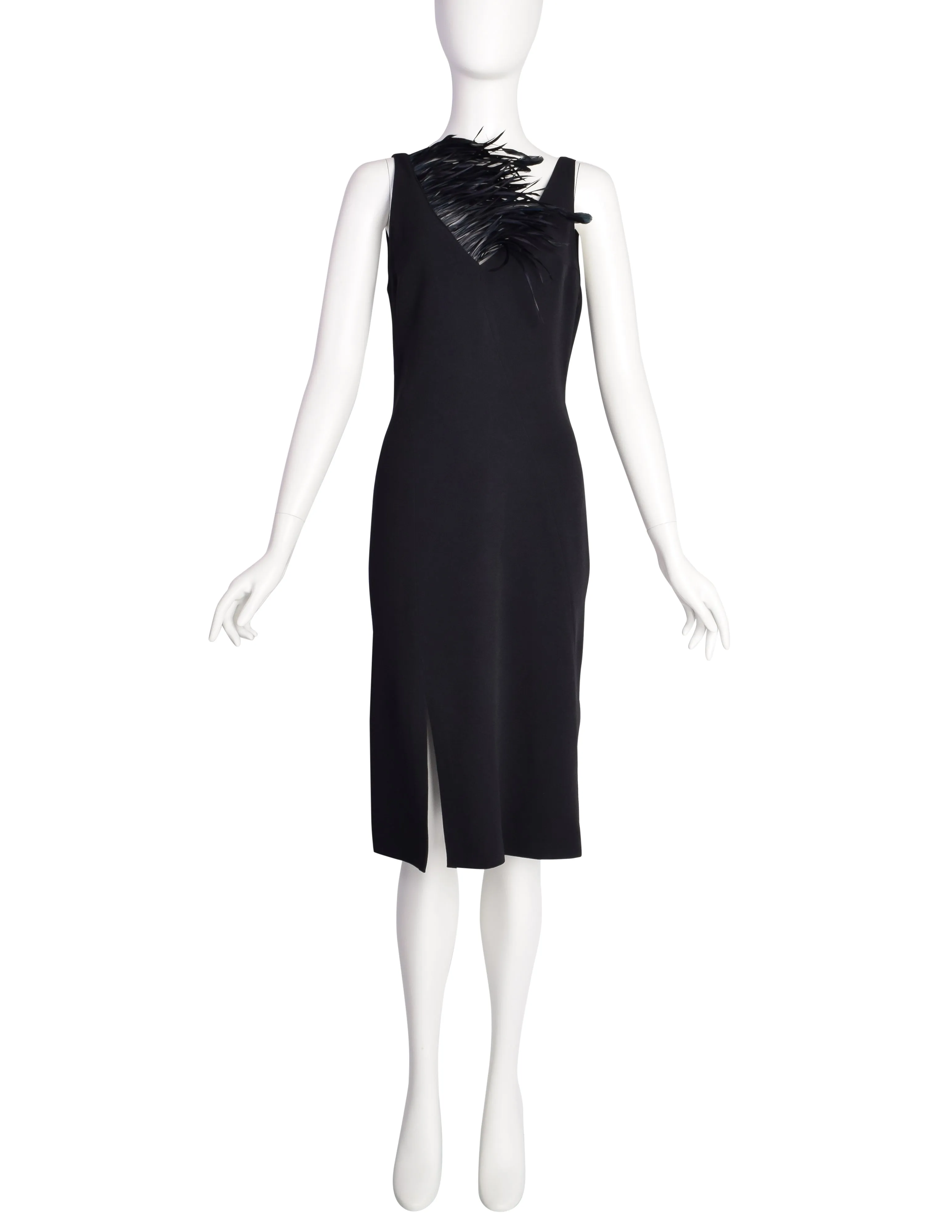 Anna Molinari Vintage Black Dramatic Feather Neckline Sheath Dress