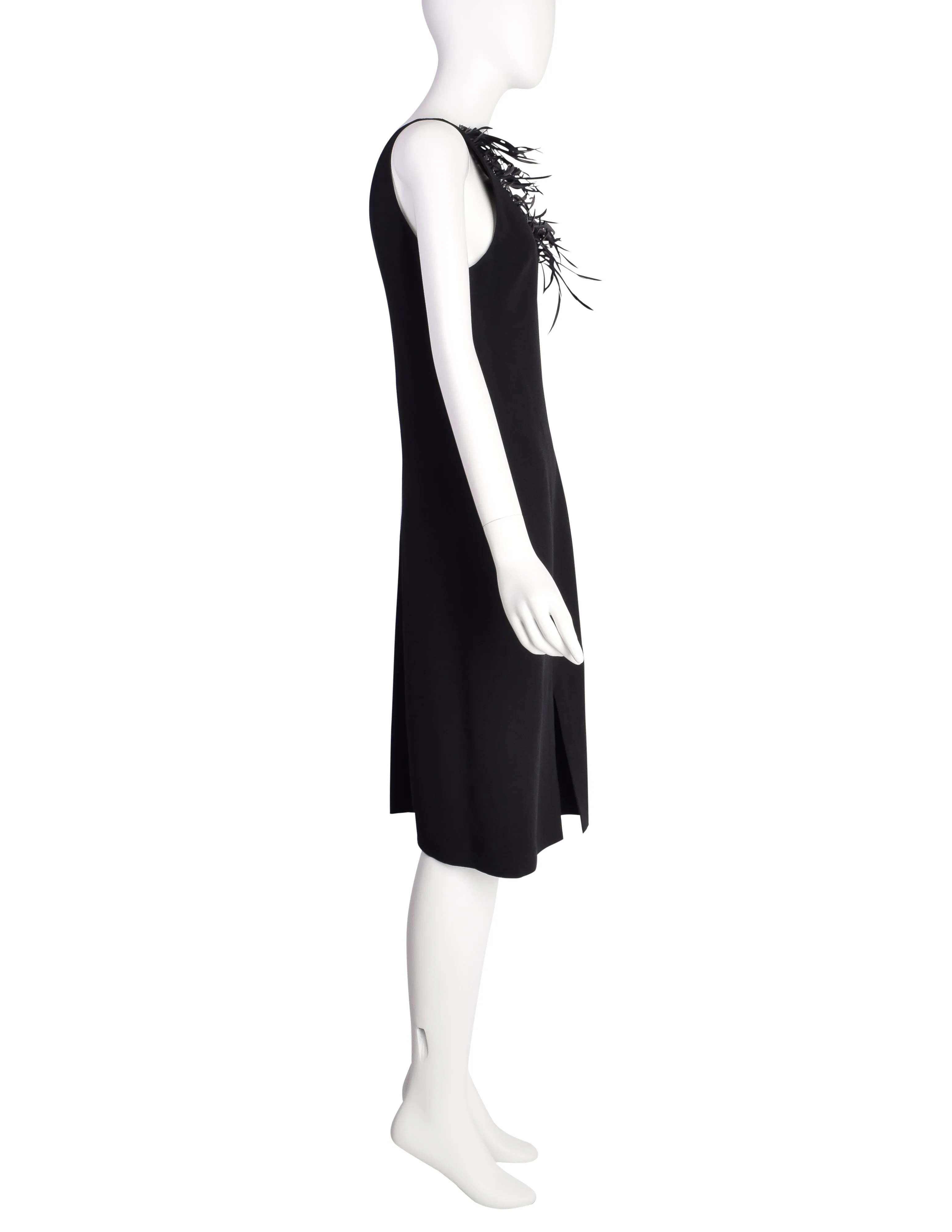 Anna Molinari Vintage Black Dramatic Feather Neckline Sheath Dress