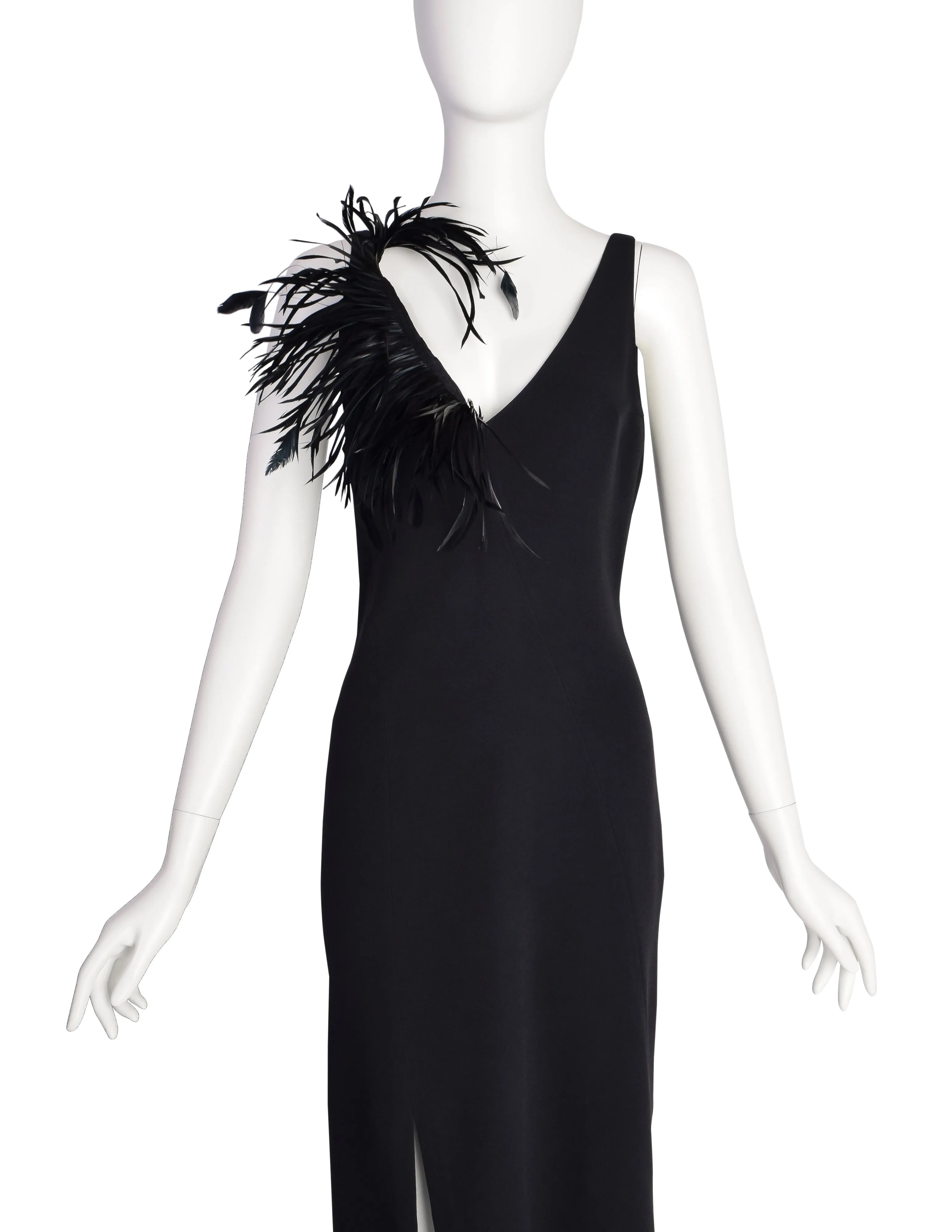 Anna Molinari Vintage Black Dramatic Feather Neckline Sheath Dress