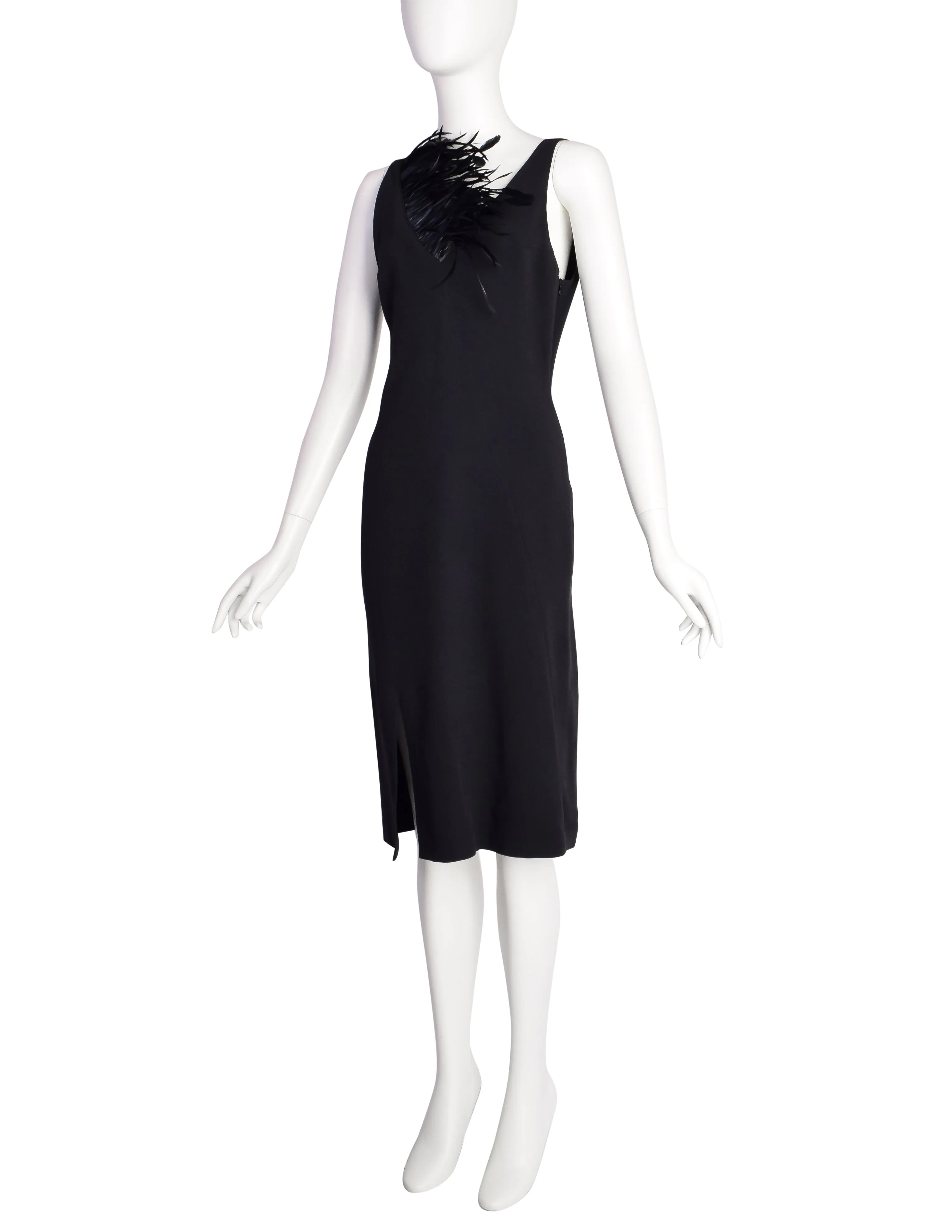 Anna Molinari Vintage Black Dramatic Feather Neckline Sheath Dress