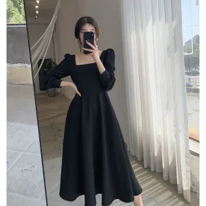 ARWEN&AJH GROUP مجموعة أروين 2024 French THepburn Style Small Black Dress Women's 2023 Spring And Autumn New Retro Square Neck Long Over-the-Knee Black Elegant Dress Long Dress