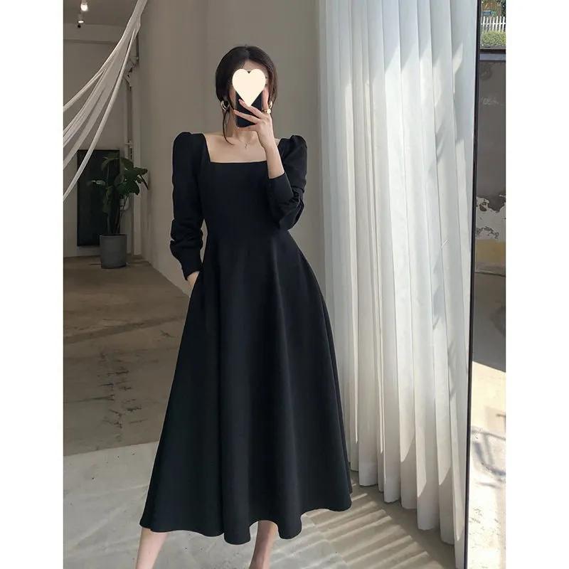 ARWEN&AJH GROUP مجموعة أروين 2024 French THepburn Style Small Black Dress Women's 2023 Spring And Autumn New Retro Square Neck Long Over-the-Knee Black Elegant Dress Long Dress