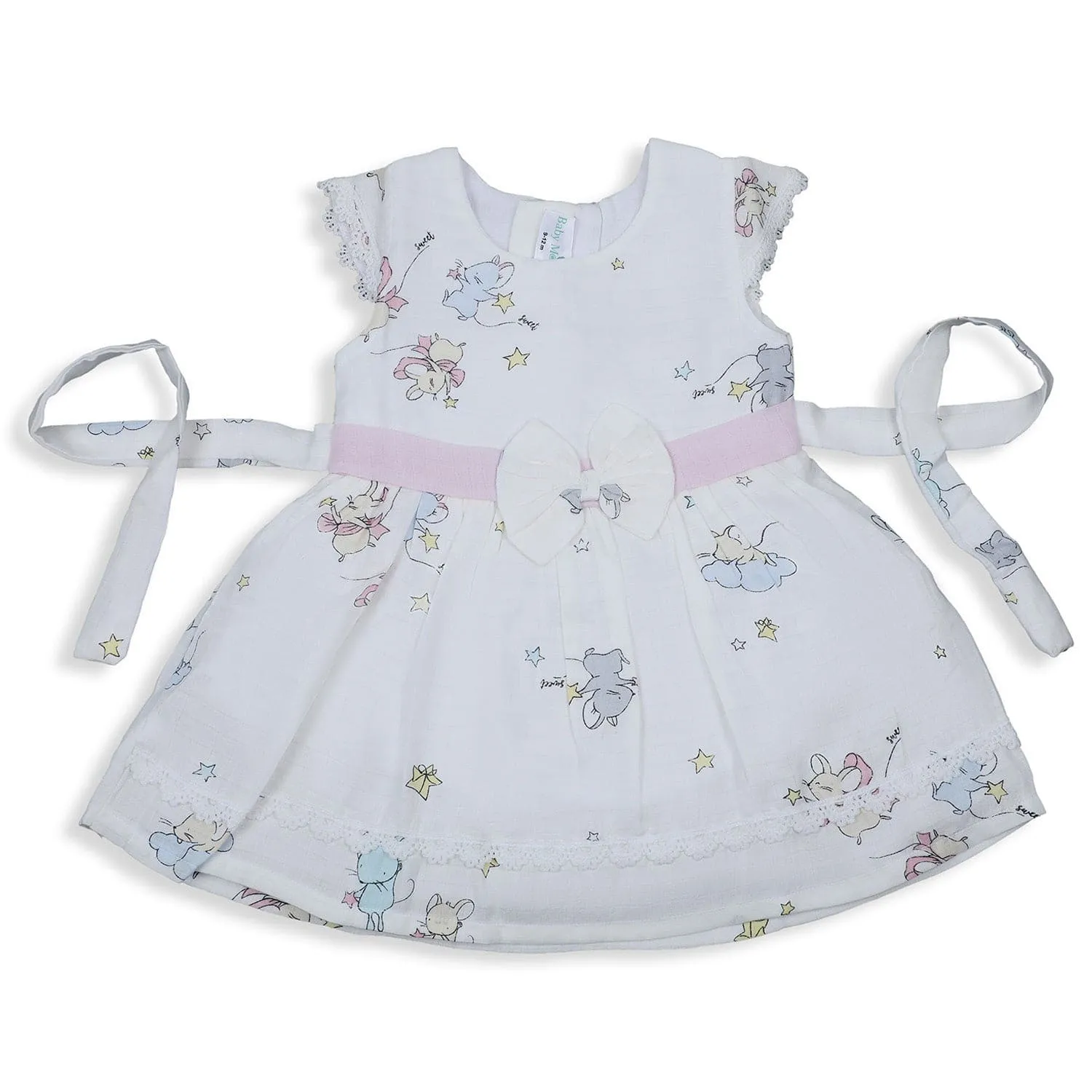 Baby Moo Soft In Cloud Bow With Short Sleeves Muslin Dress - Pink