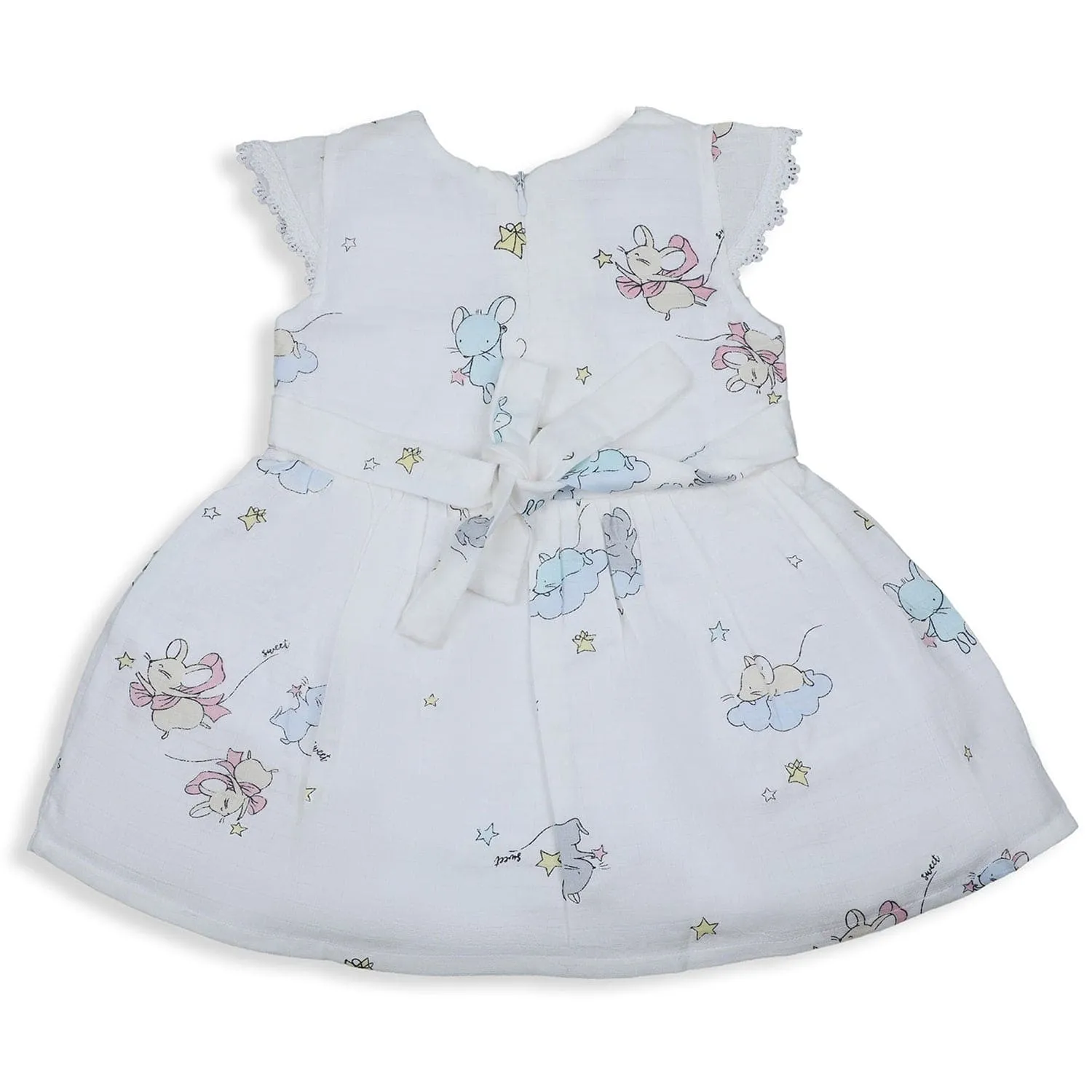 Baby Moo Soft In Cloud Bow With Short Sleeves Muslin Dress - Pink