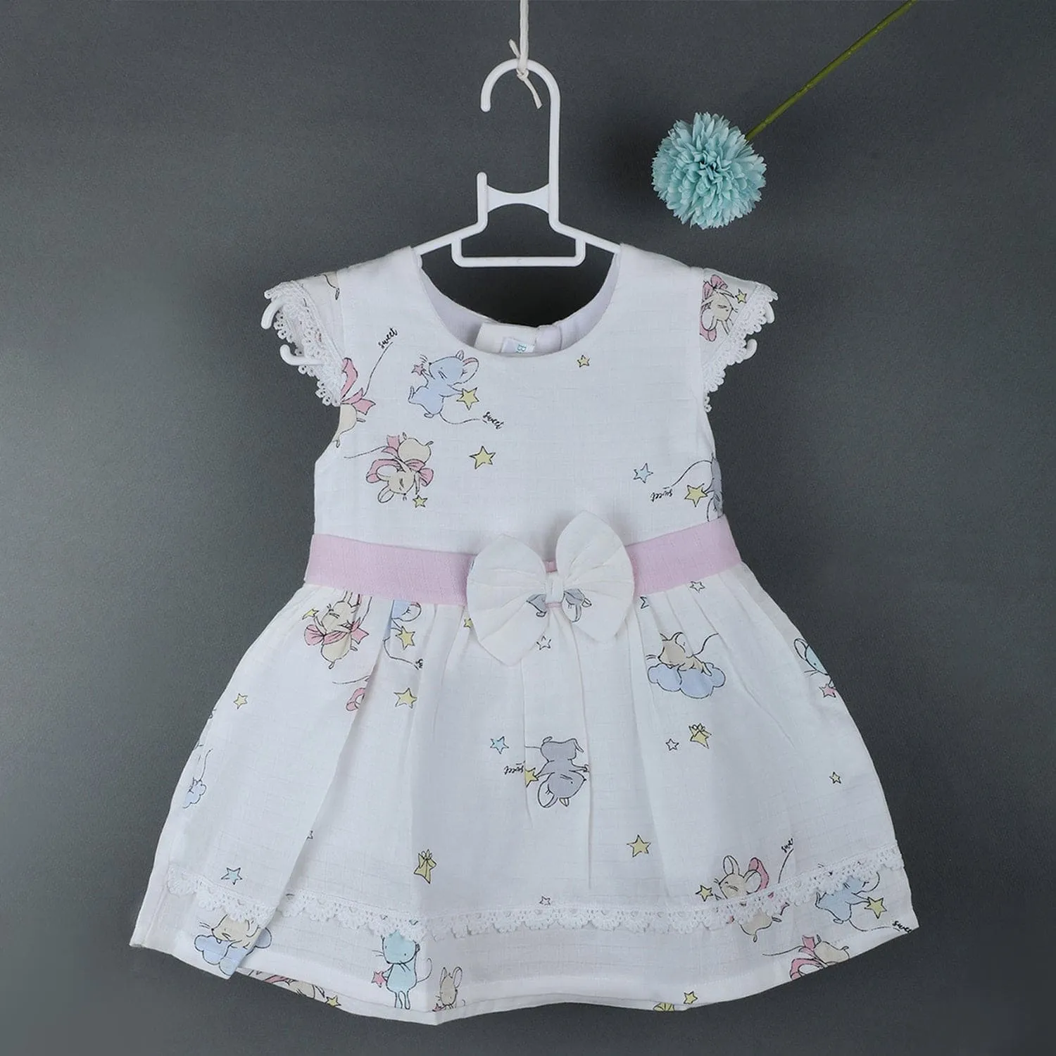 Baby Moo Soft In Cloud Bow With Short Sleeves Muslin Dress - Pink