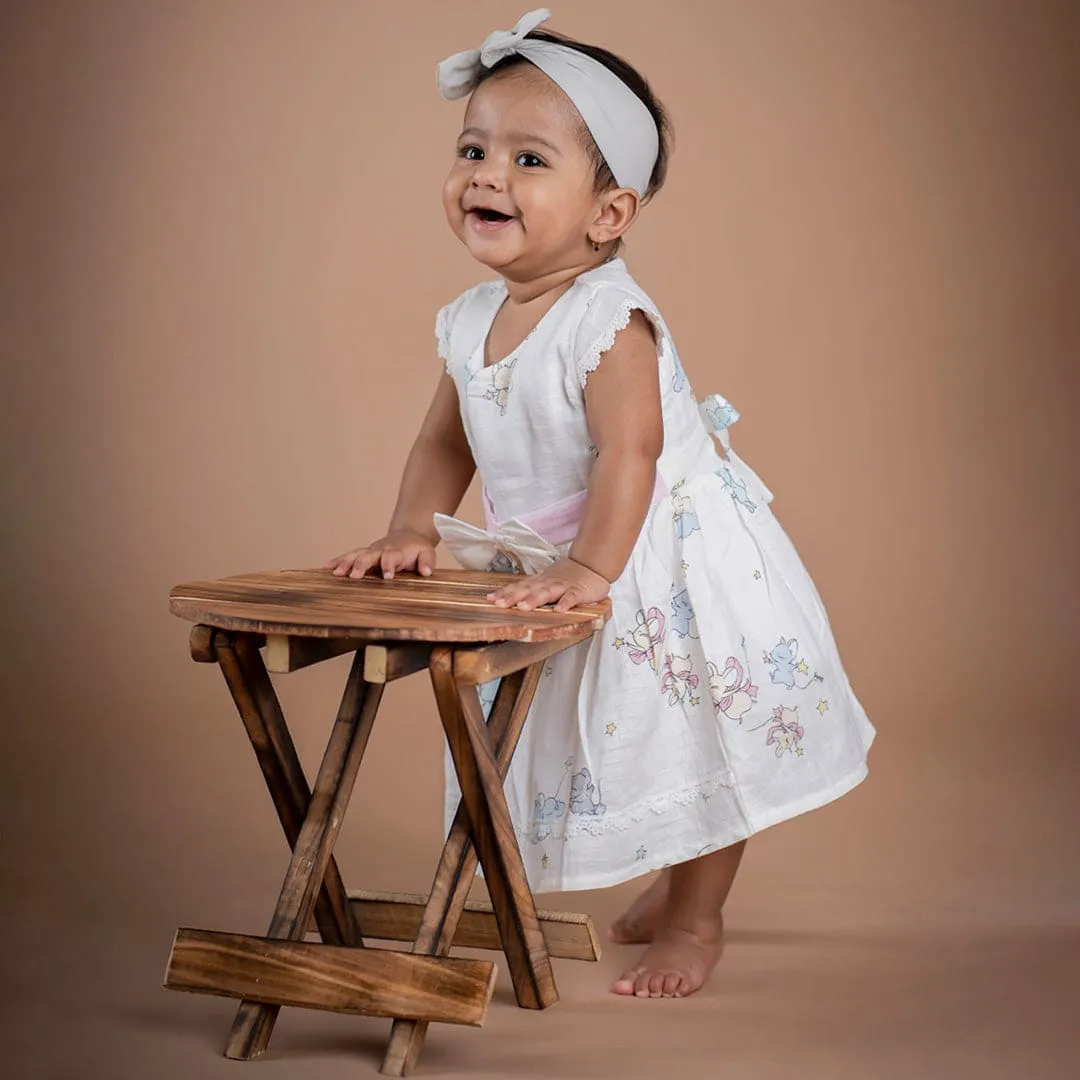 Baby Moo Soft In Cloud Bow With Short Sleeves Muslin Dress - Pink