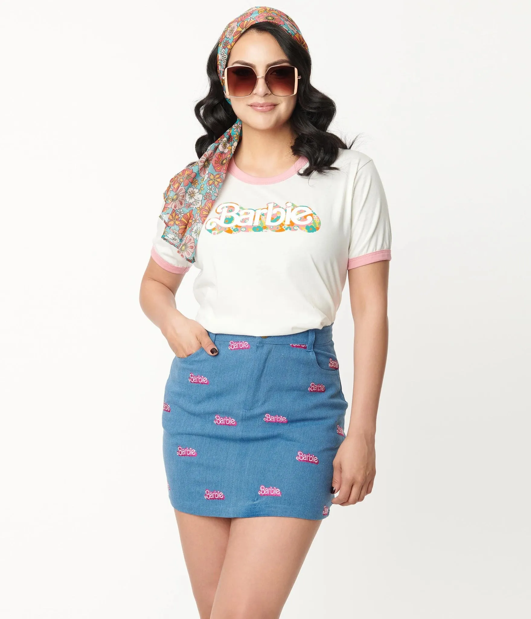 Barbie x Unique Vintage Barbie Logo Denim Mini Skirt