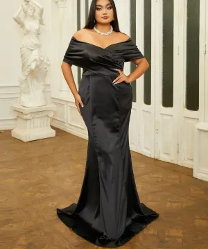 Black Satin Plus Size Evening Dress Off Shoulder Bodycon Maxi Party Gown