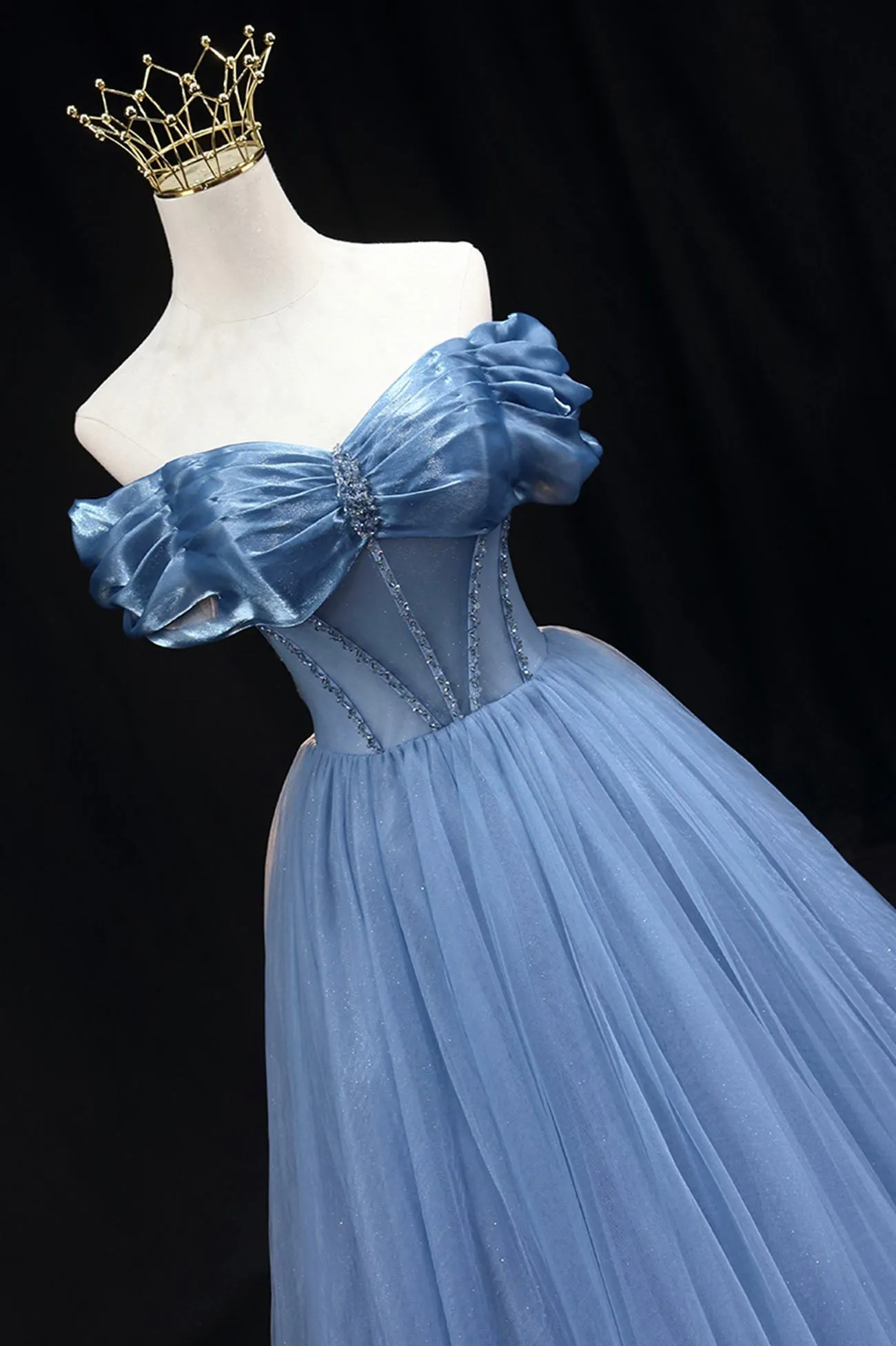 Blue Sweetheart Tulle Long Formal Dress Off the Shoulder Evening Graduation Dress