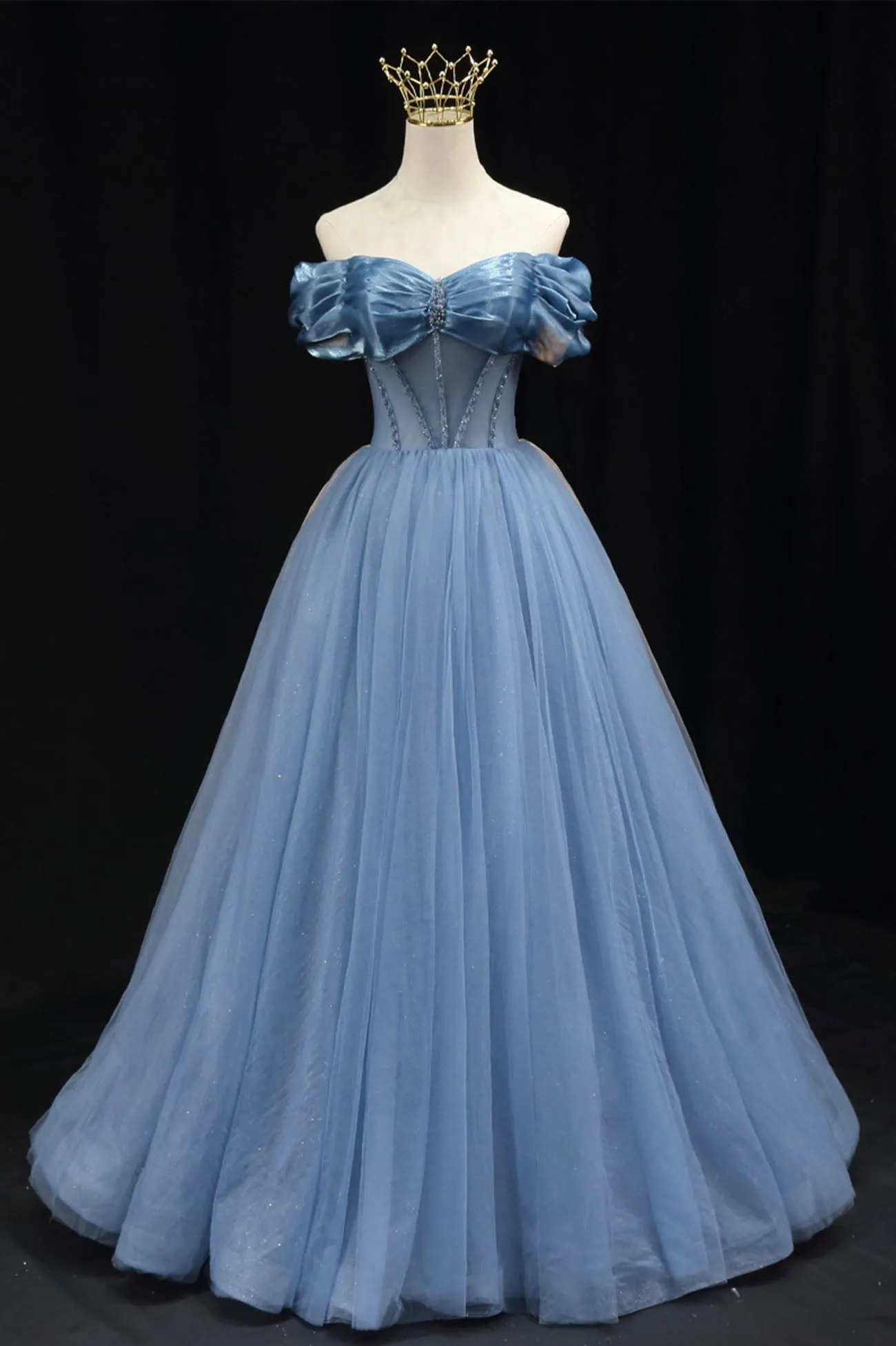 Blue Sweetheart Tulle Long Formal Dress Off the Shoulder Evening Graduation Dress