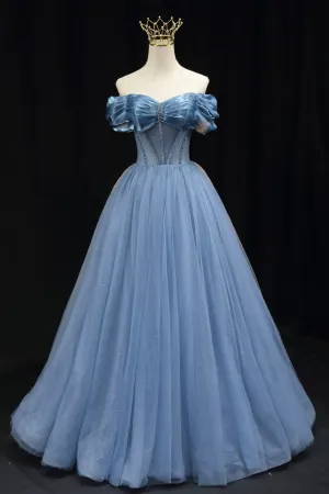 Blue Sweetheart Tulle Long Formal Dress Off the Shoulder Evening Graduation Dress