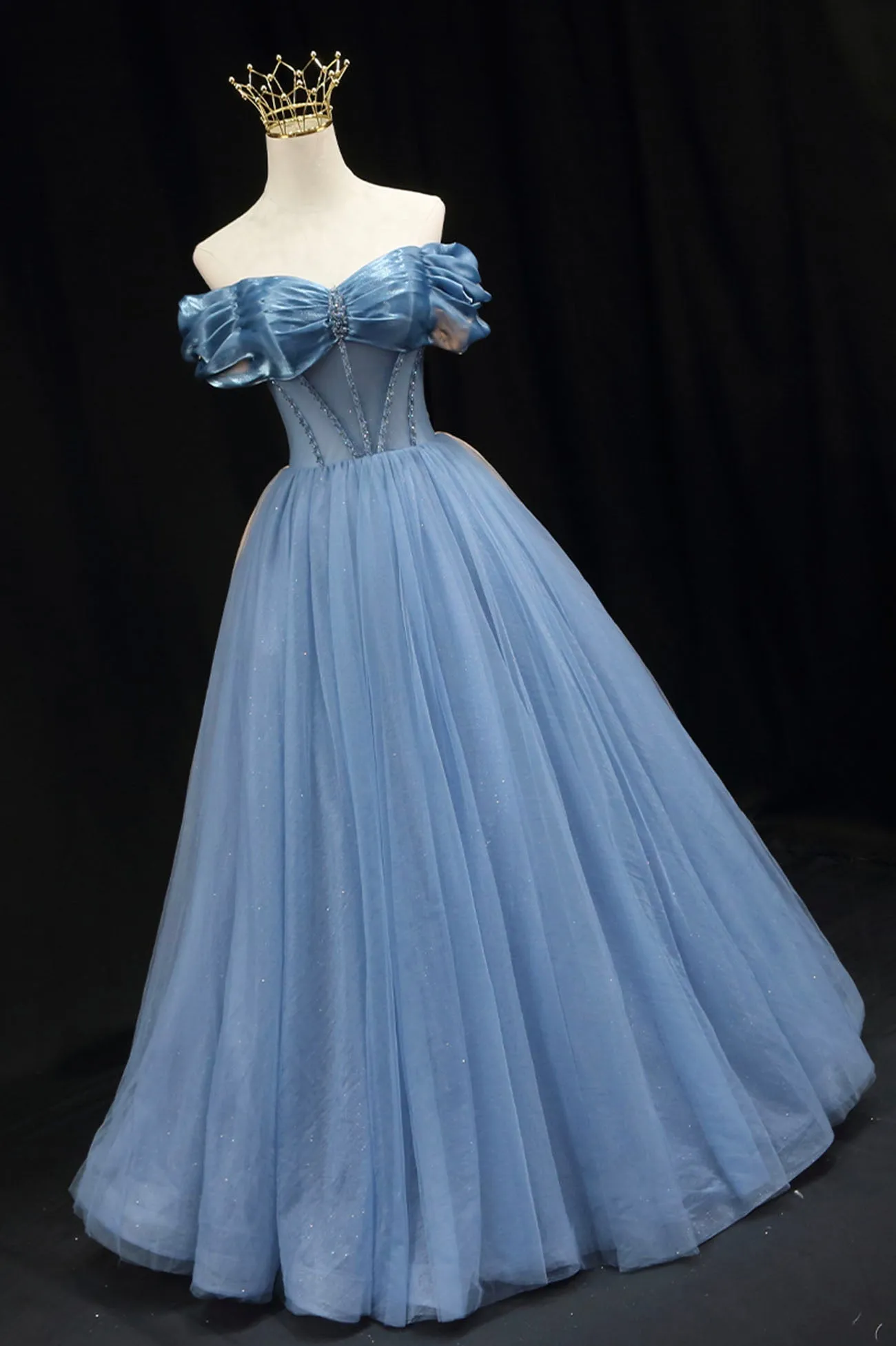 Blue Sweetheart Tulle Long Formal Dress Off the Shoulder Evening Graduation Dress