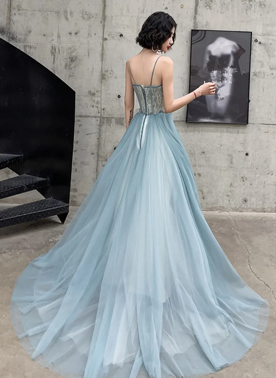 Blue Tulle A-line Long Party Dress with Straps, Blue Long Prom Dress