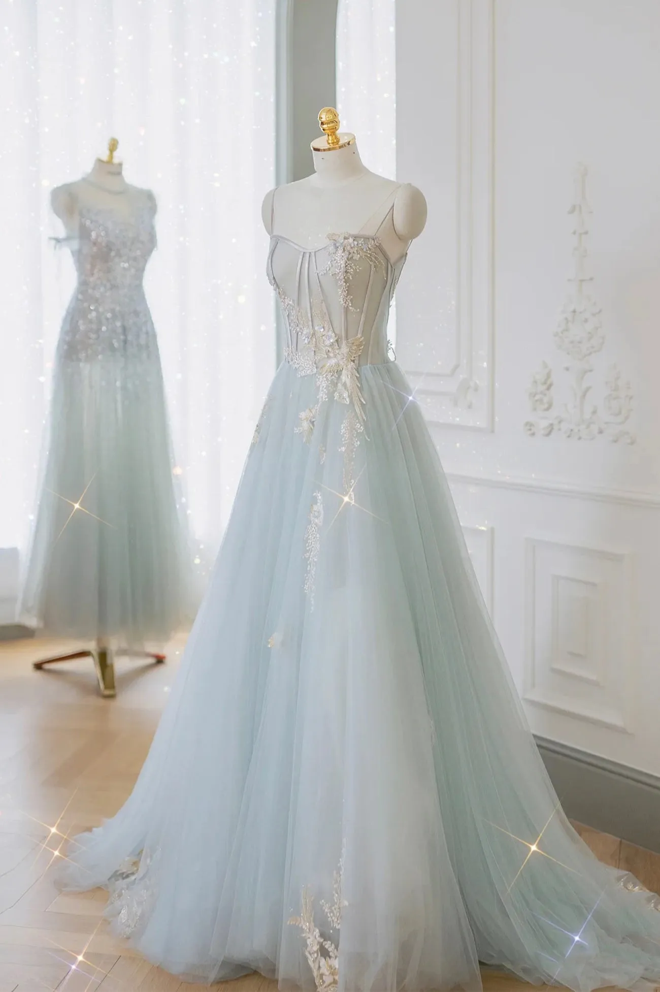 Blue tulle lace long prom dress evening dress TR0721