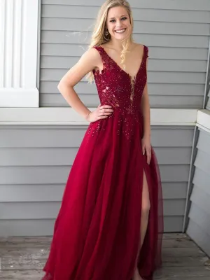 Burgundy A Line V Neck Lace Appliques Beading Chiffon Long Prom with Slit, Burgundy Lace Formal, Burgundy Evening