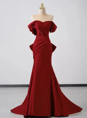 Burgundy Memraid Off the Shoulder Bow Prom Dress