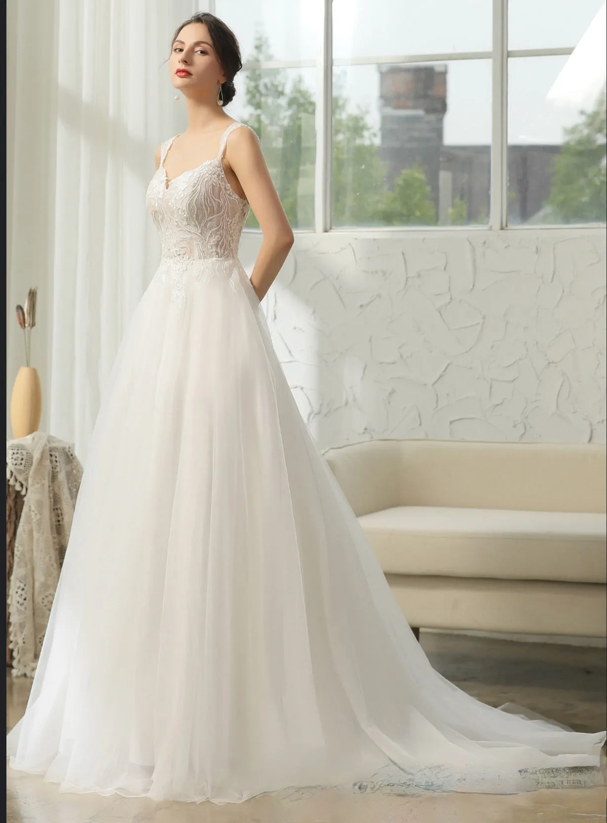 Cap Sleeve Wedding Dress With Glittery Appliqués