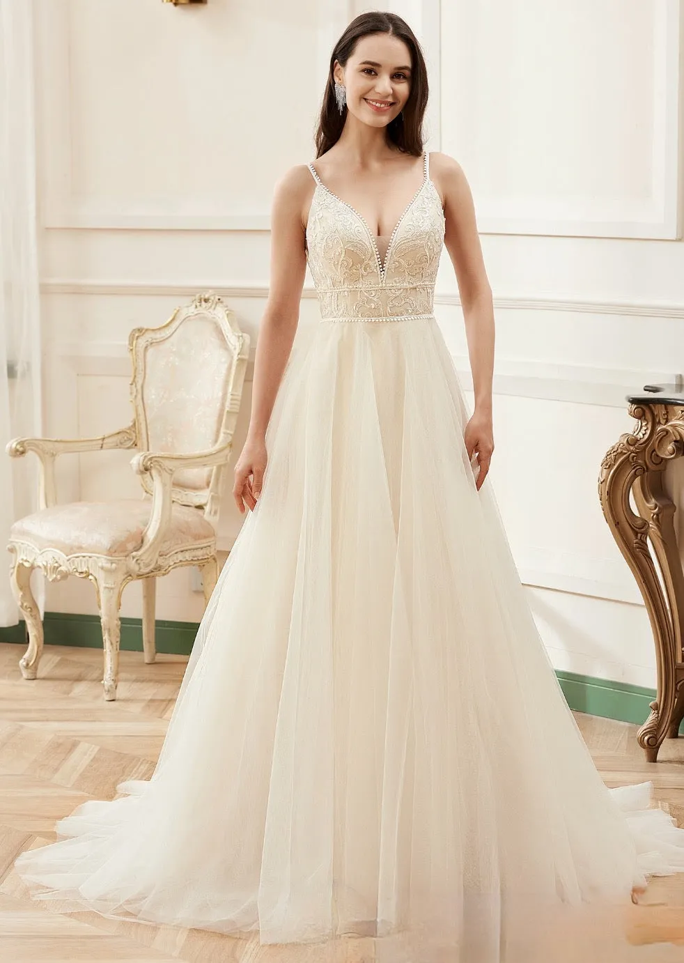 Champagne Romantic Spaghetti Straps A-Line Wedding Dress