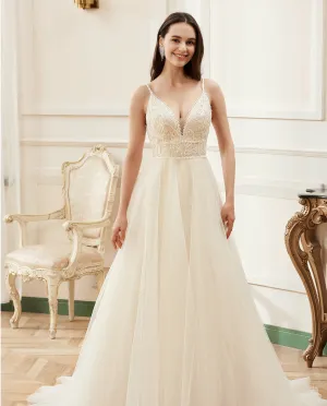 Champagne Romantic Spaghetti Straps A-Line Wedding Dress