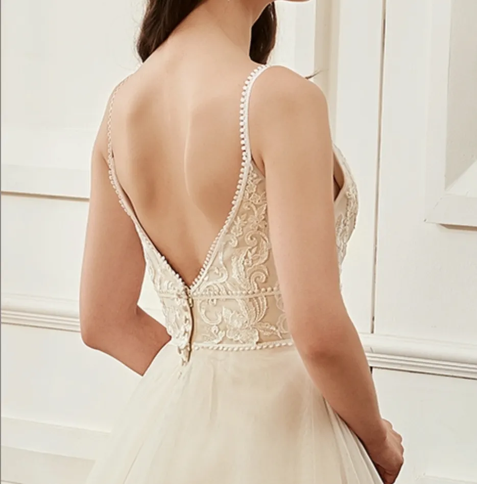 Champagne Romantic Spaghetti Straps A-Line Wedding Dress