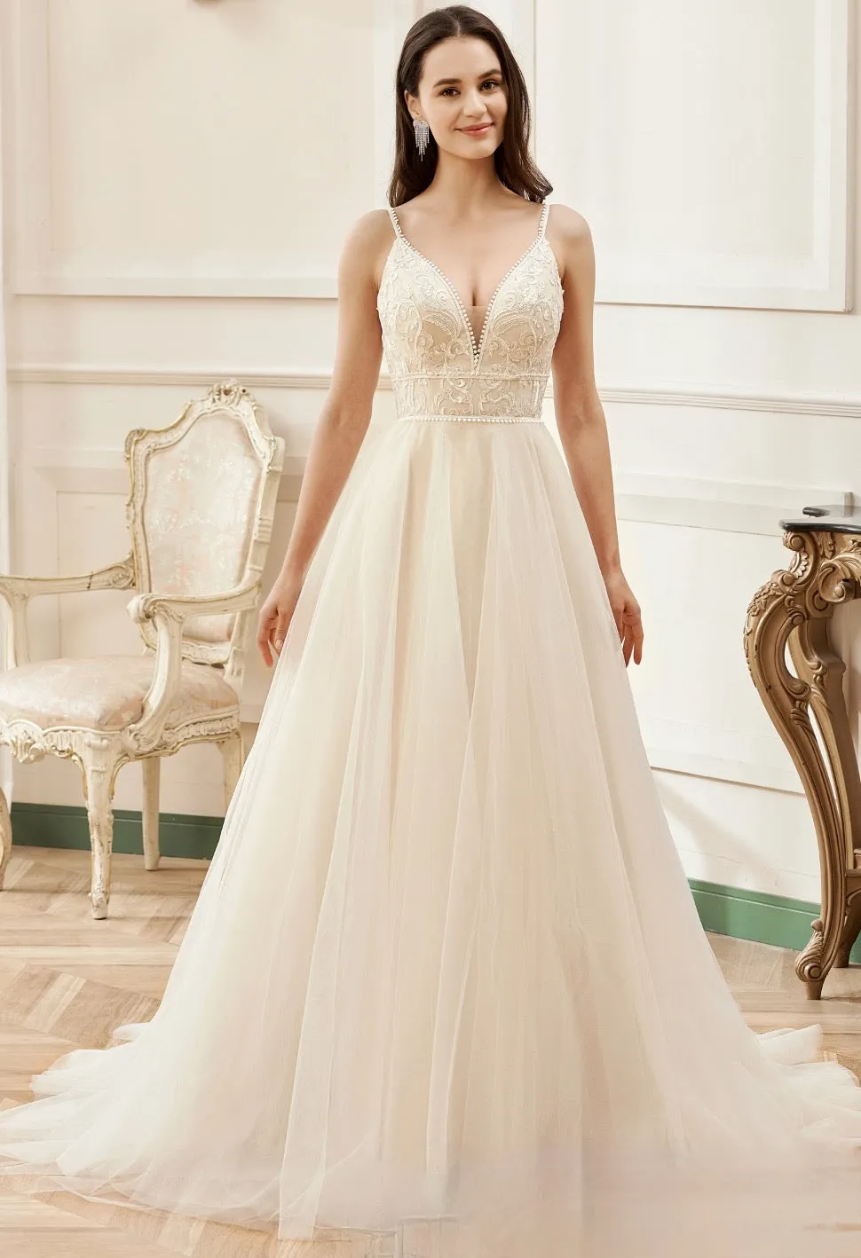 Champagne Romantic Spaghetti Straps A-Line Wedding Dress