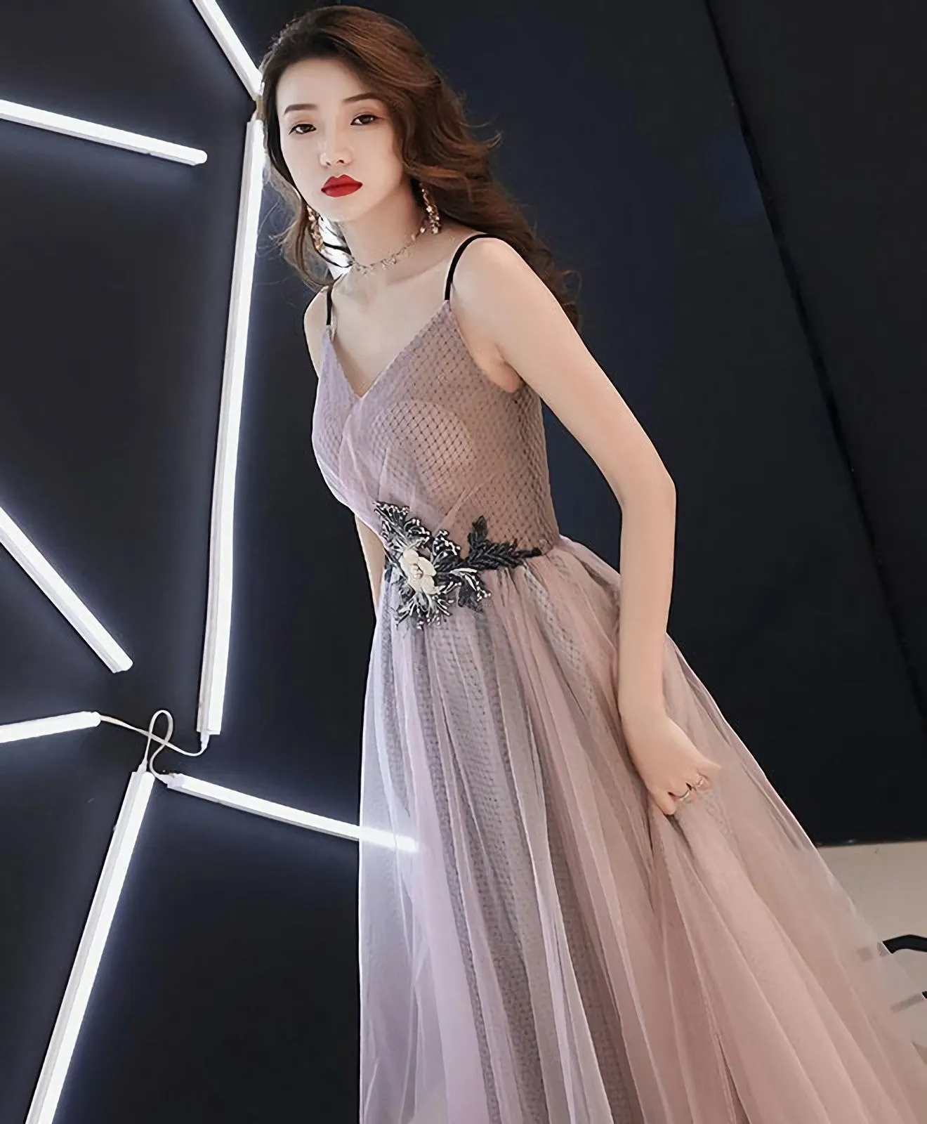 Champagne V Neck Tulle Long Prom Dress Evening Dress