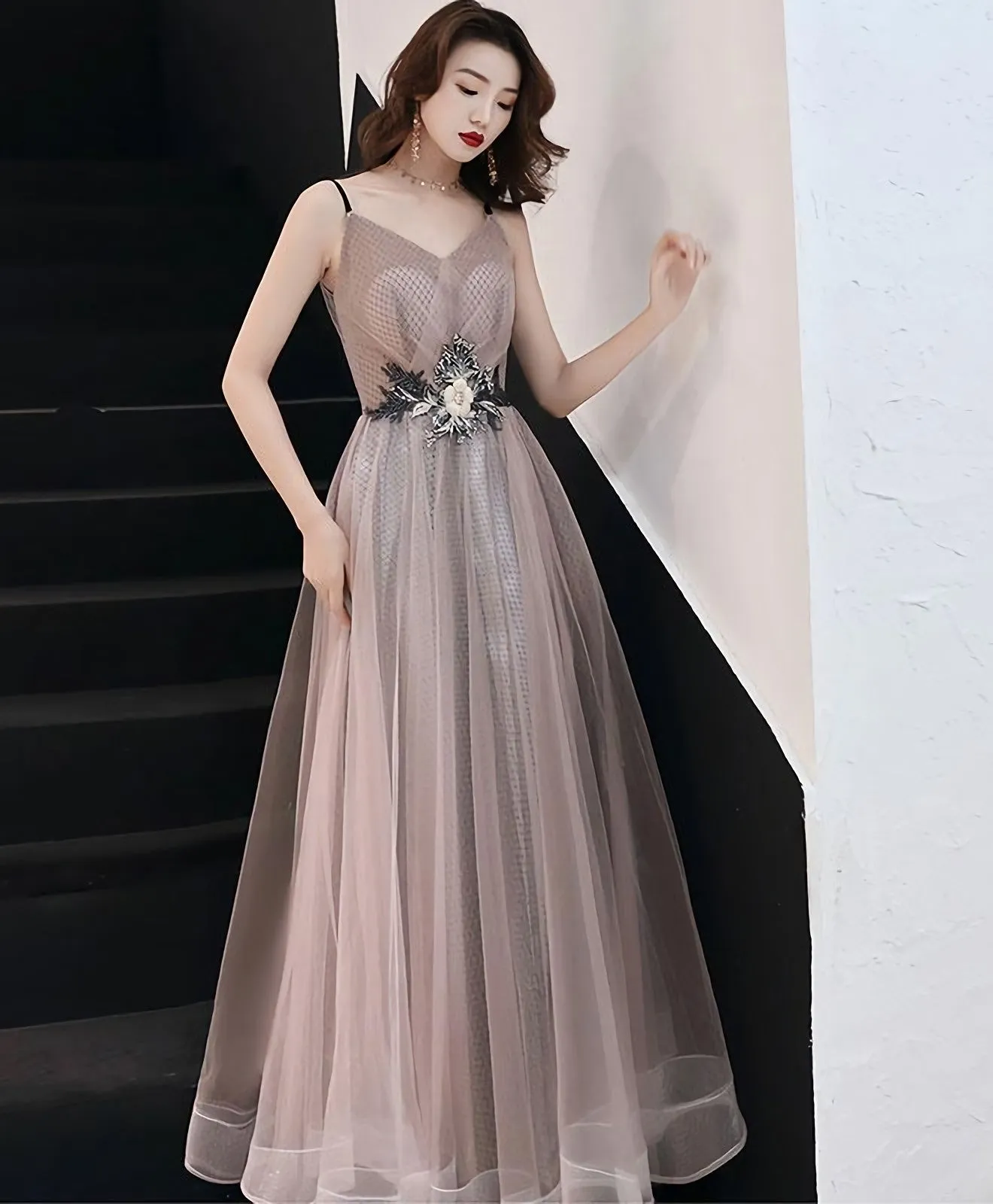 Champagne V Neck Tulle Long Prom Dress Evening Dress