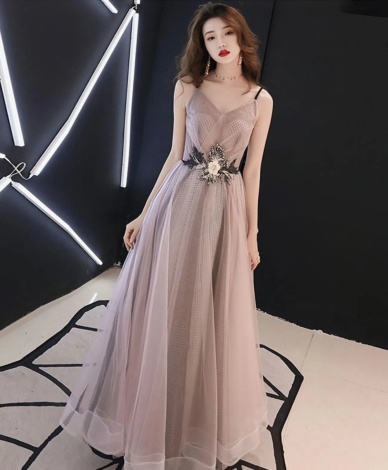 Champagne V Neck Tulle Long Prom Dress Evening Dress