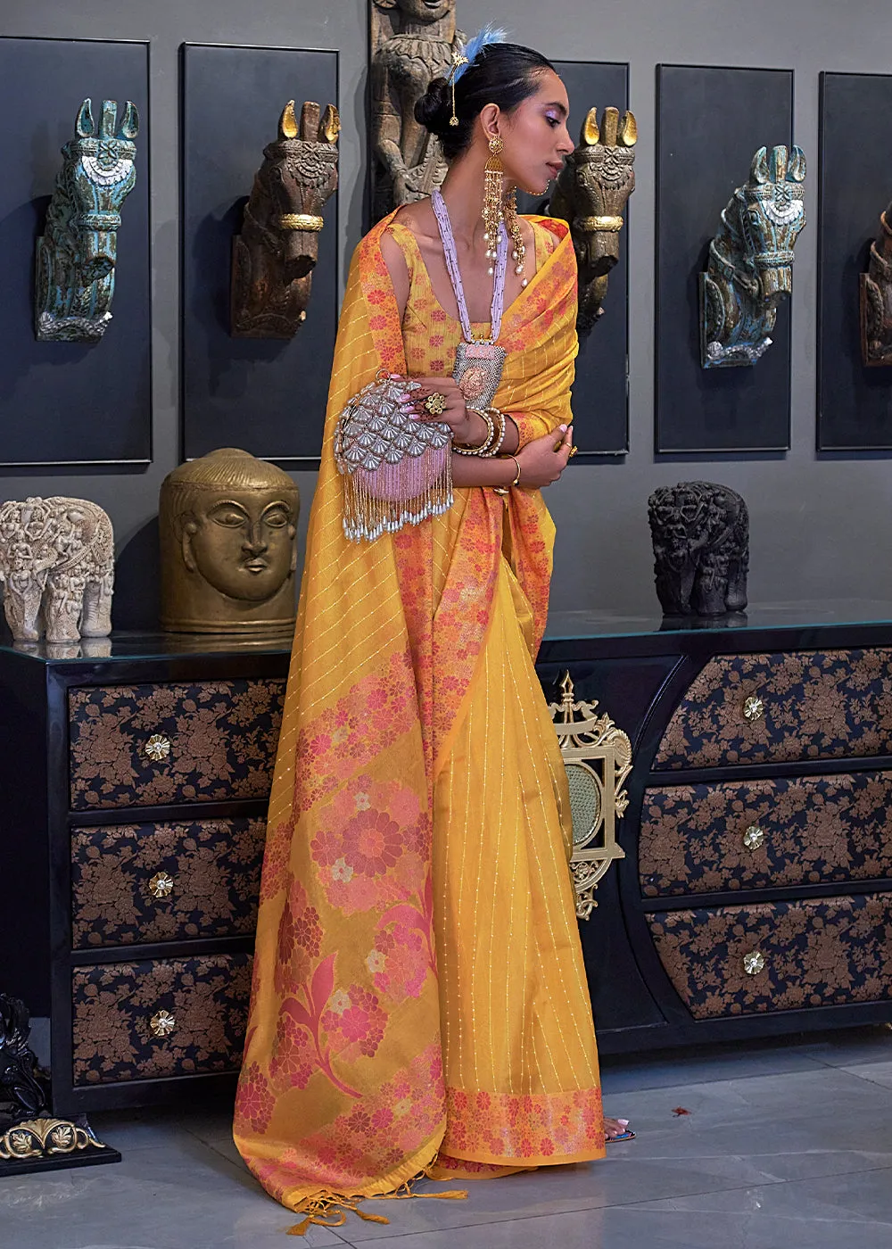 Cyber Yellow Handloom Woven Dual Tone Organza Silk Saree with Sequins Work