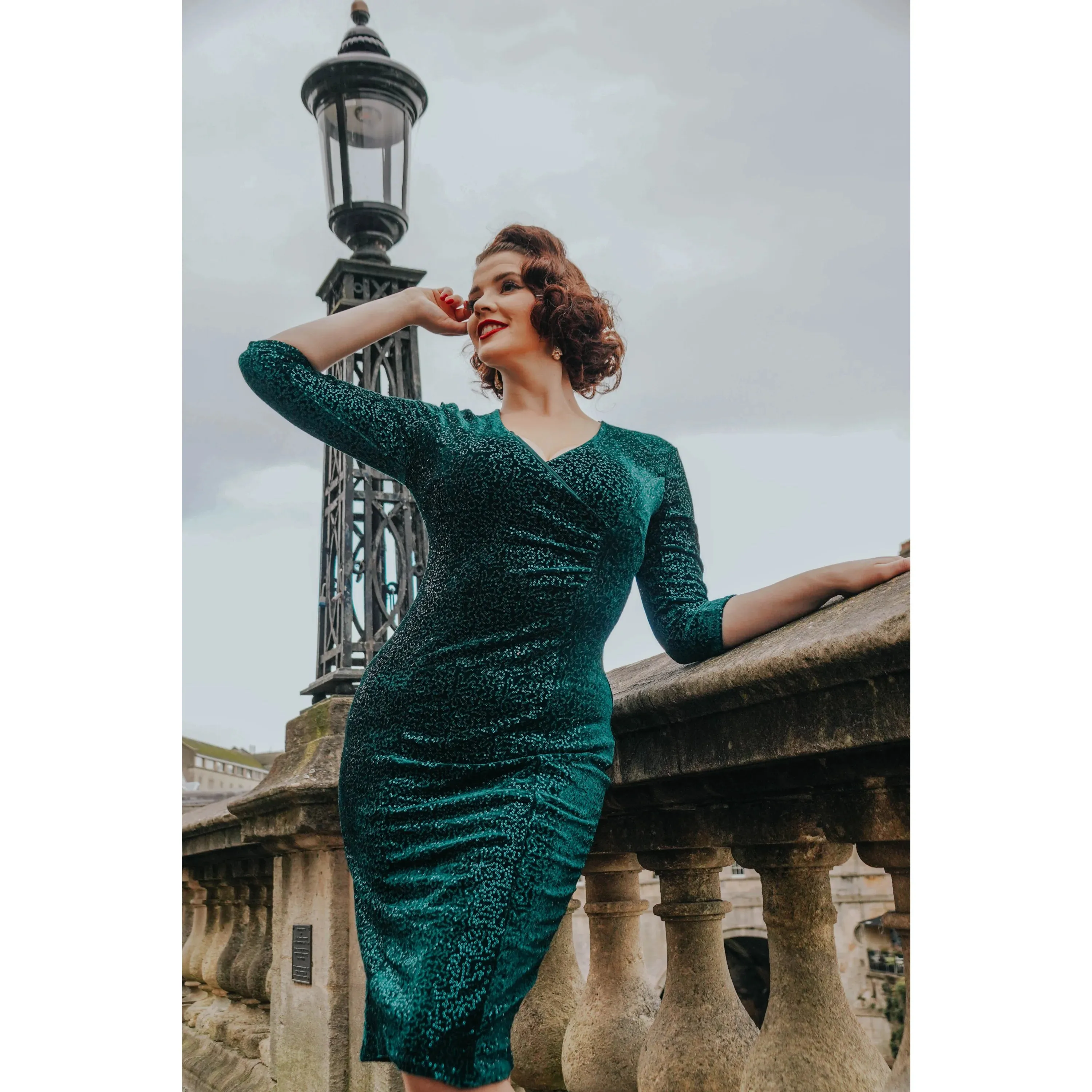 Dark Green 3/4 Sleeve V Neck Velour Sequin Pencil Wiggle Dress