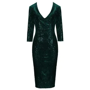 Dark Green 3/4 Sleeve V Neck Velour Sequin Pencil Wiggle Dress