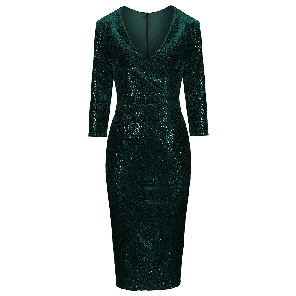 Dark Green 3/4 Sleeve V Neck Velour Sequin Pencil Wiggle Dress