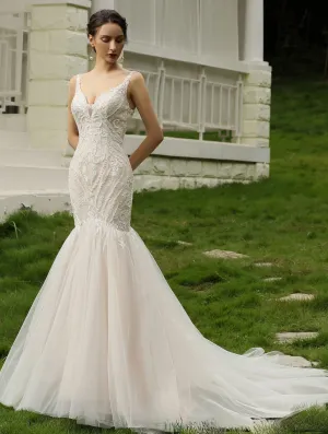 Elegant Beaded Lace Trumpet Tulle Bridal Gown