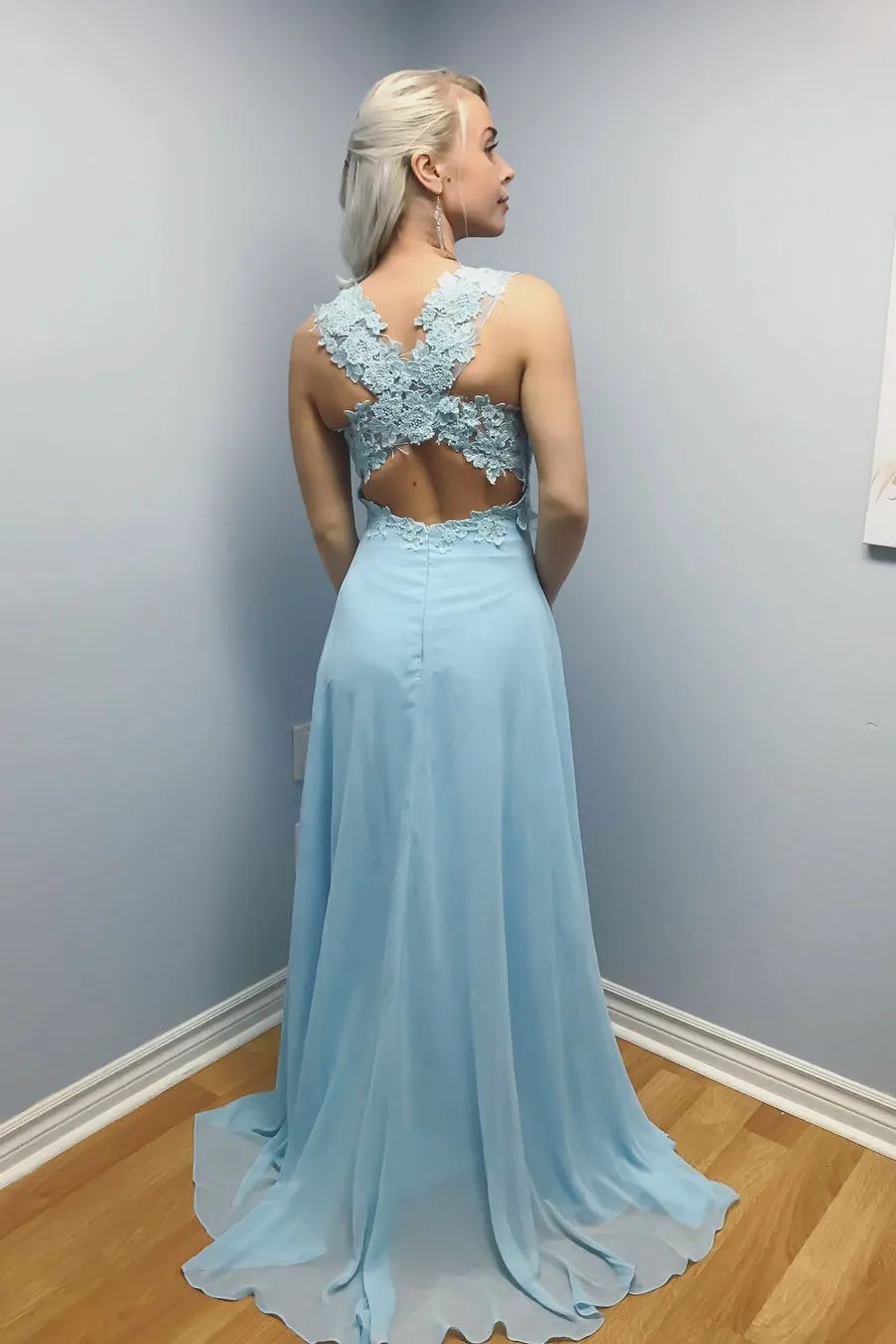 Elegant Sky Blue A Line Lace Long Prom, Sky Blue Lace Formal Graduation Evening