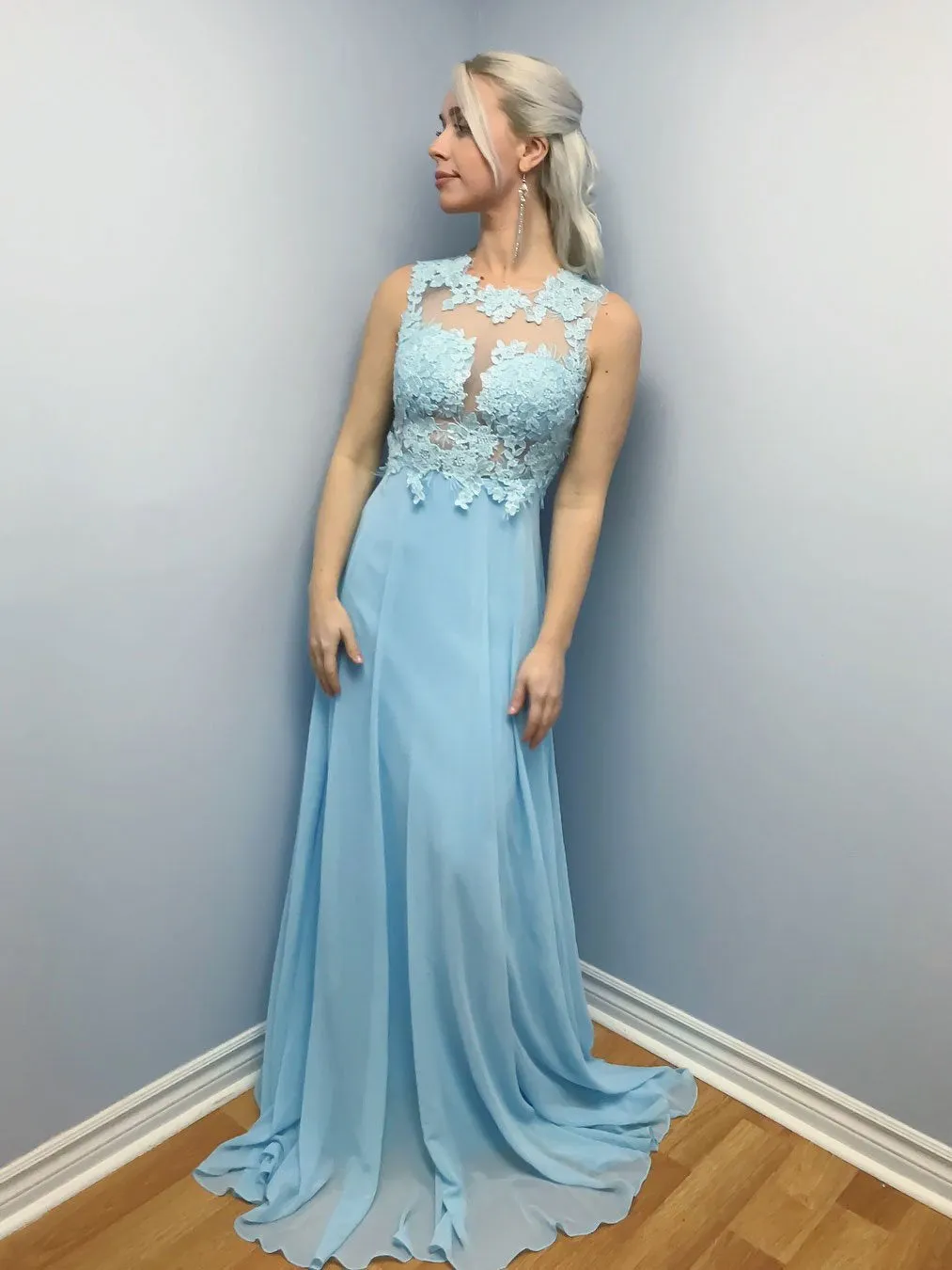 Elegant Sky Blue A Line Lace Long Prom, Sky Blue Lace Formal Graduation Evening