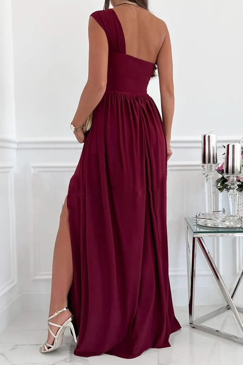 Fashion Sexy Solid Backless Slit One Shoulder Evening Dress Dresses(7 Colors)