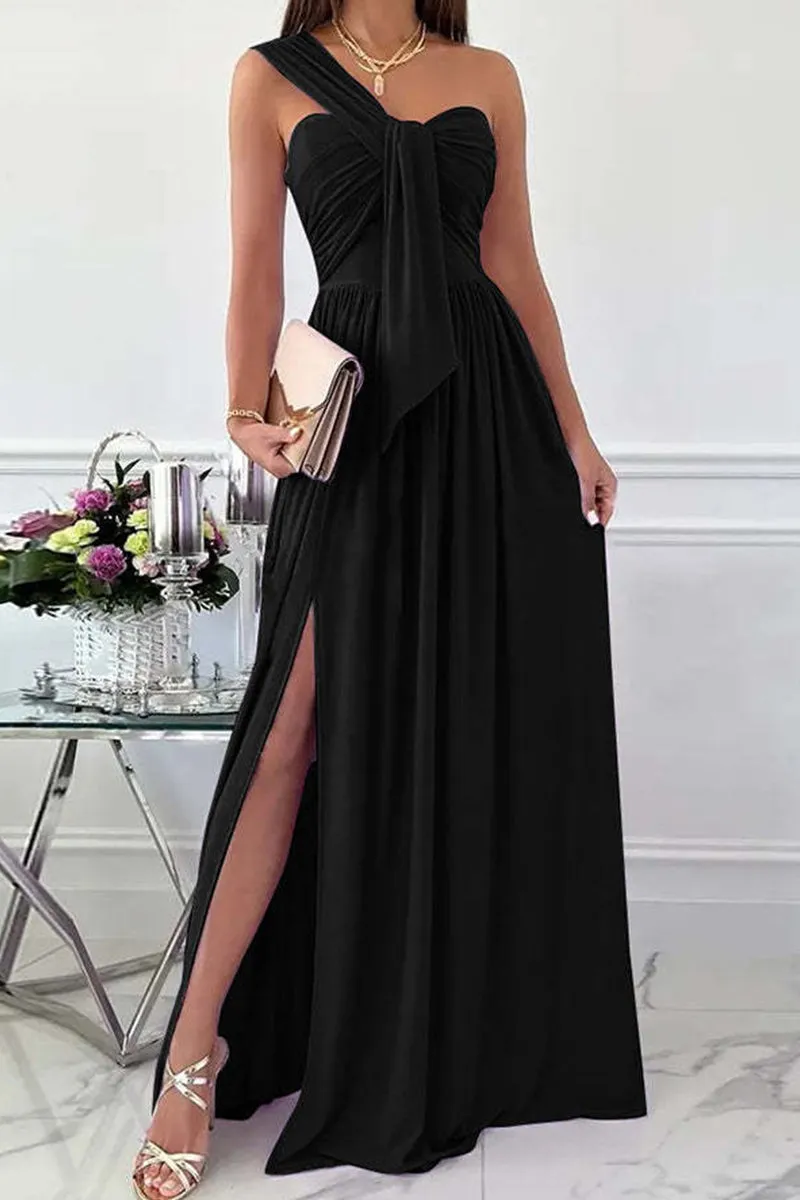 Fashion Sexy Solid Backless Slit One Shoulder Evening Dress Dresses(7 Colors)