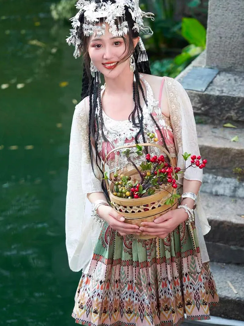 Girl Picking Water Chestnut in the River -  Morden Miao Ethnic Minority Hanfu Skirt Set